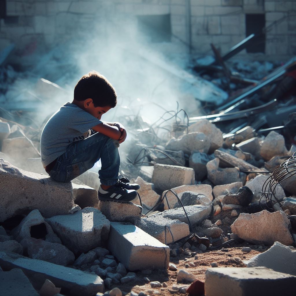 Palestinian kid seating on his destroyed house rubble by Israeli airstrike.